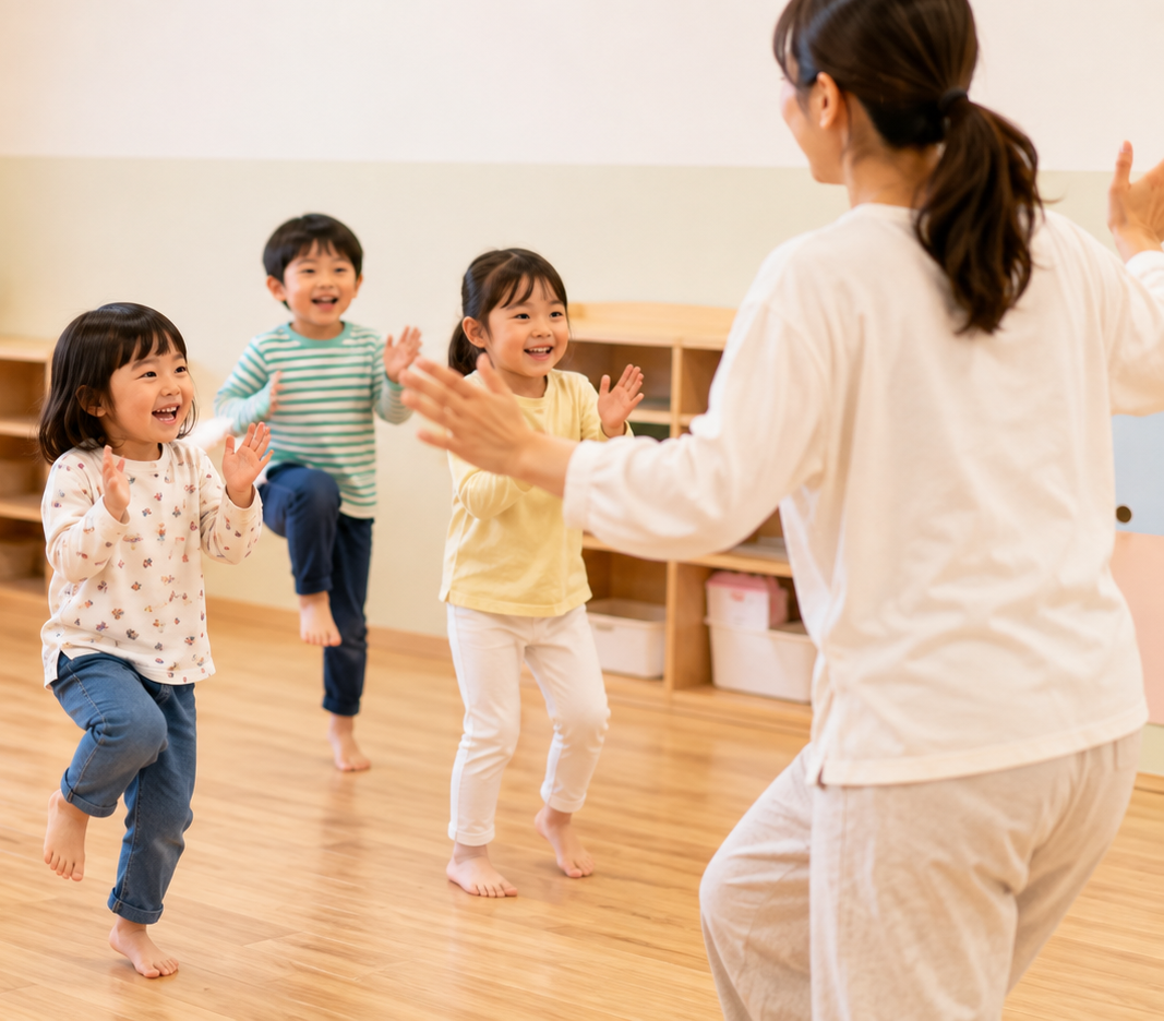 先生とリトミックを楽しむ子どもたち